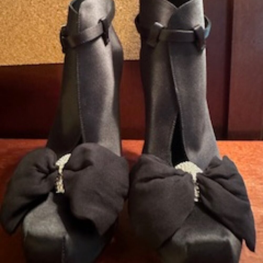 NEVER WORN - Satin Booties with Rhinestone Detailing and Bow - 5 Inch Heel